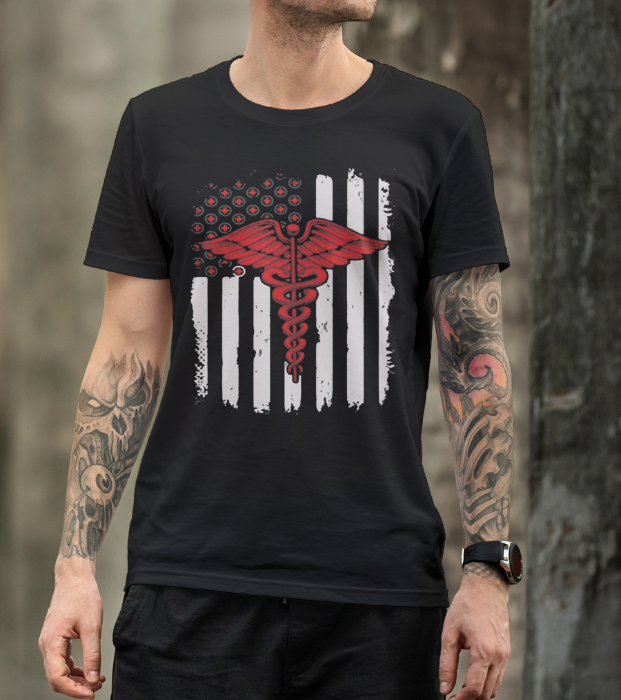 Caduceus Nurse Red Stripes American Flag T-Shirt