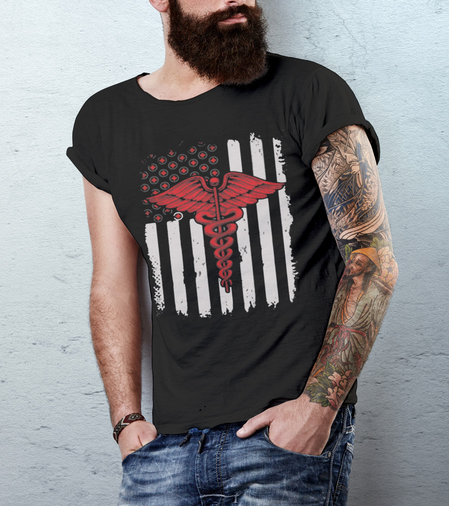 Caduceus Nurse Red Stripes American Flag T-Shirt