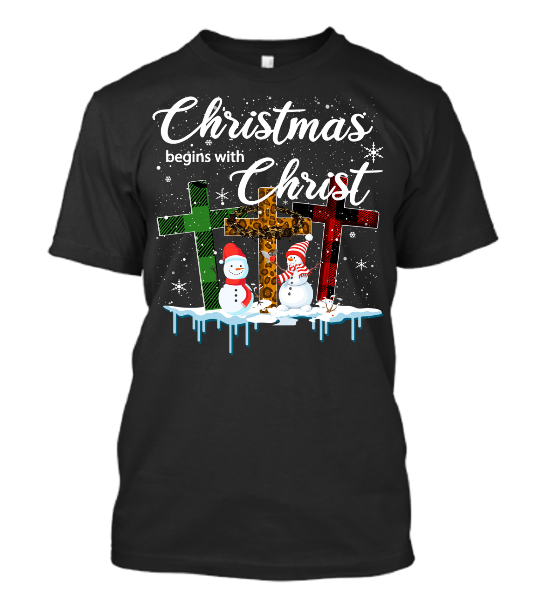 Christmas Begins With Christ Snowman Crosses T-Shirt