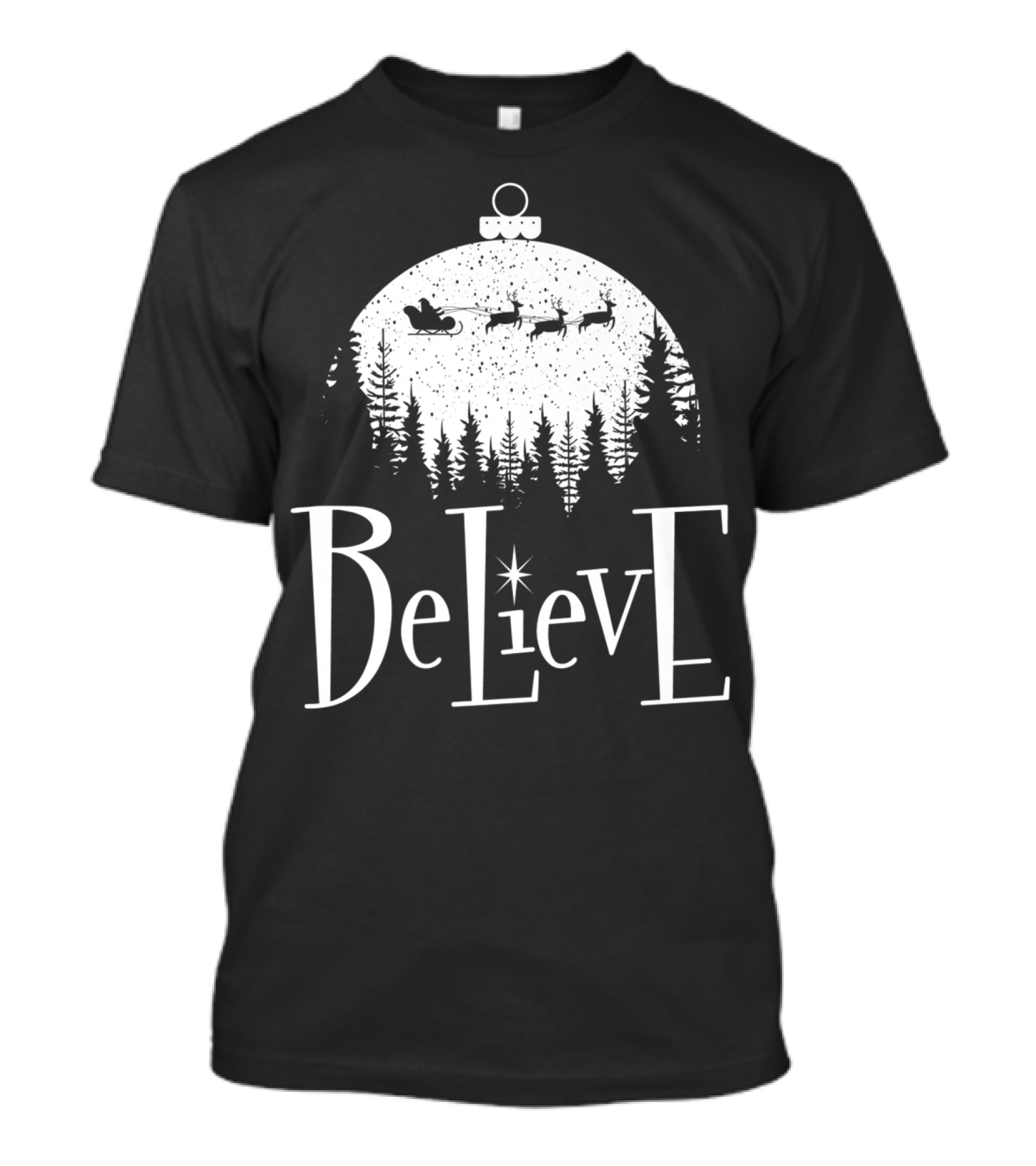 Believe In Santa Christmas Ornament Reindeer Sleigh Forest Scene T-Shirt