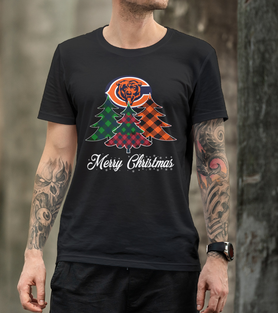 Merry Christmas Chicagobear Football Team With Plaid Trees T-Shirt
