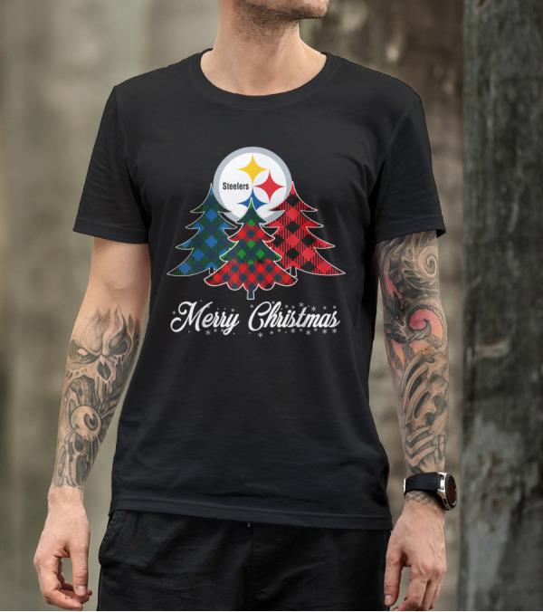 Merry Christmas Pittsburgh Steelers Plaid Trees T-Shirt
