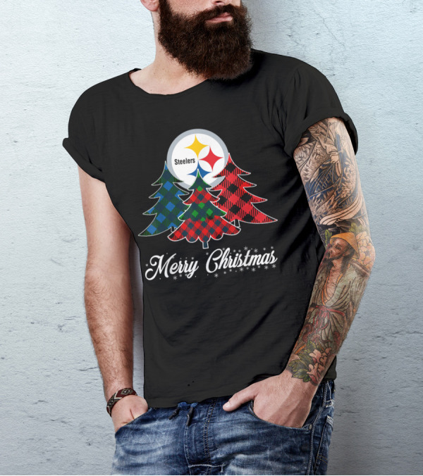 Merry Christmas Pittsburgh Steelers Plaid Trees T-Shirt