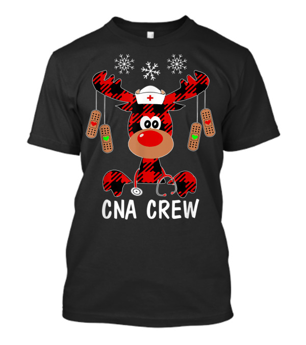 CNA Crew Reindeer Buffalo Plaid Nurse Stethoscope Snowflakes Bandages T-Shirt