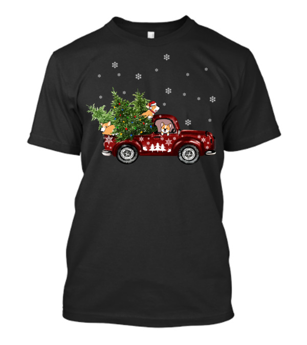 Corgi Christmas Family Truck With Tree And Snowflakes In Pembroke T-Shirt