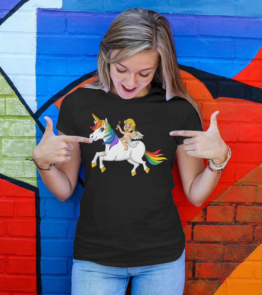 Cupid Riding Rainbow Unicorn T-Shirt