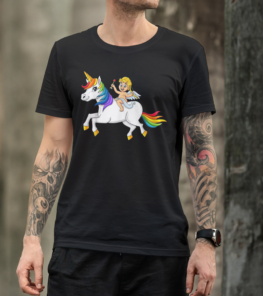 Cupid Riding Rainbow Unicorn T-Shirt
