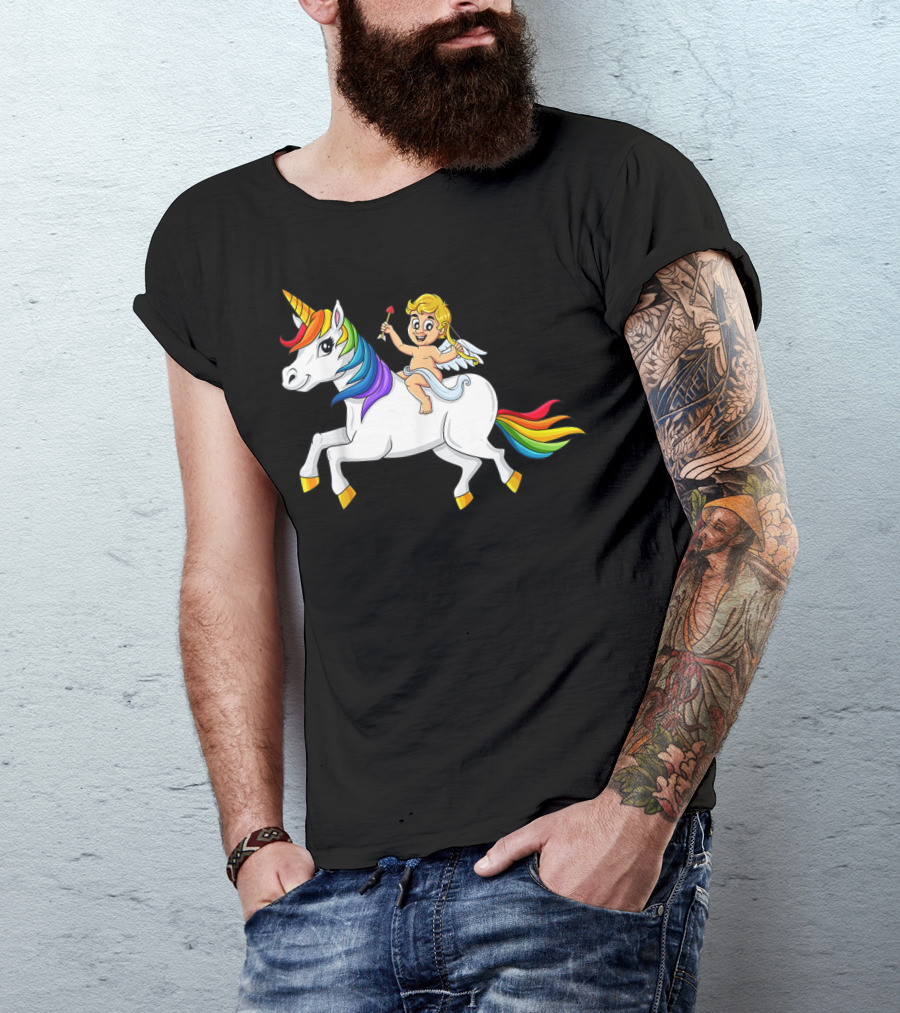 Cupid Riding Rainbow Unicorn T-Shirt