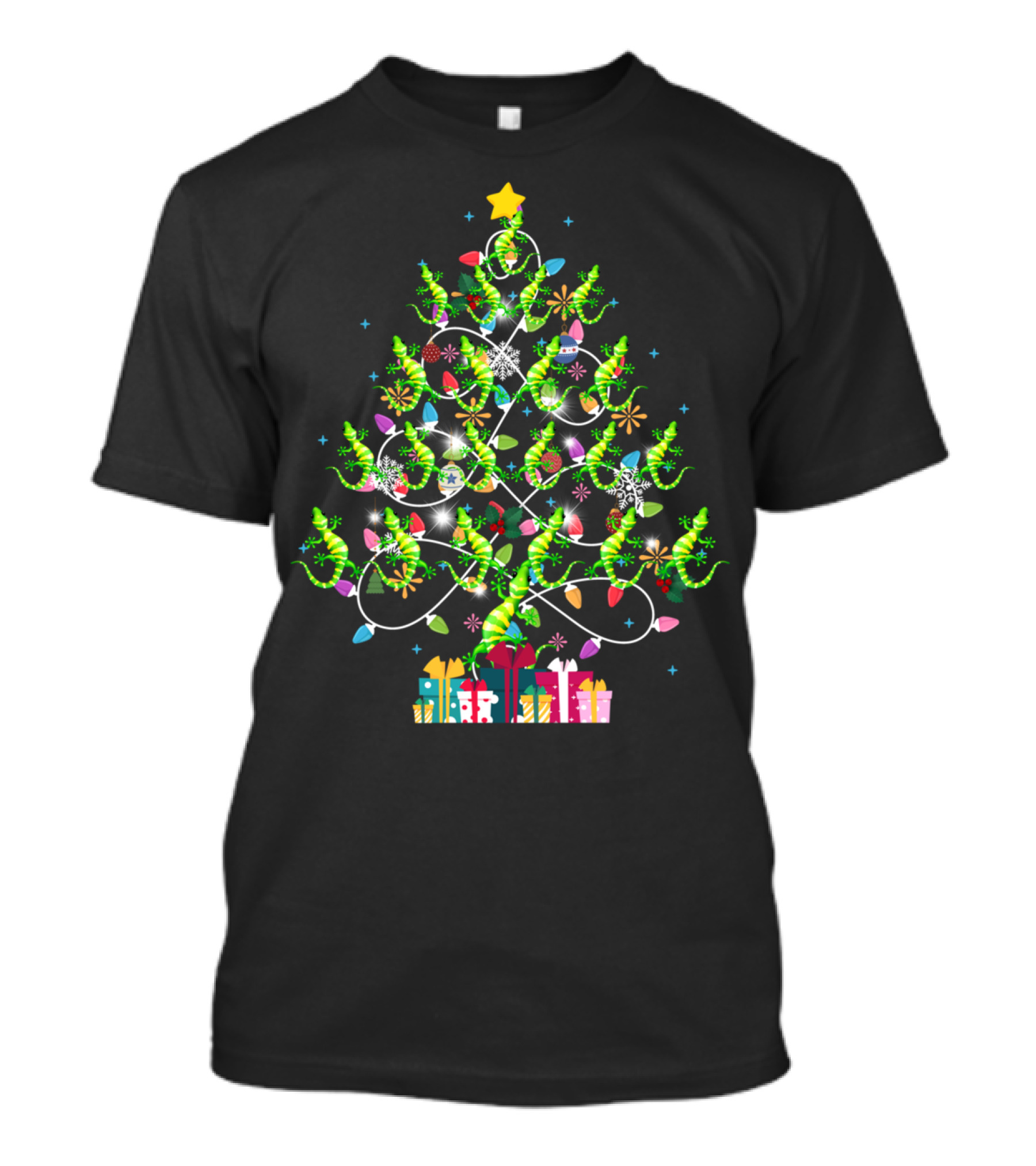 Cute Geckos Lizards Christmas Tree Lights Presents Star T-Shirt