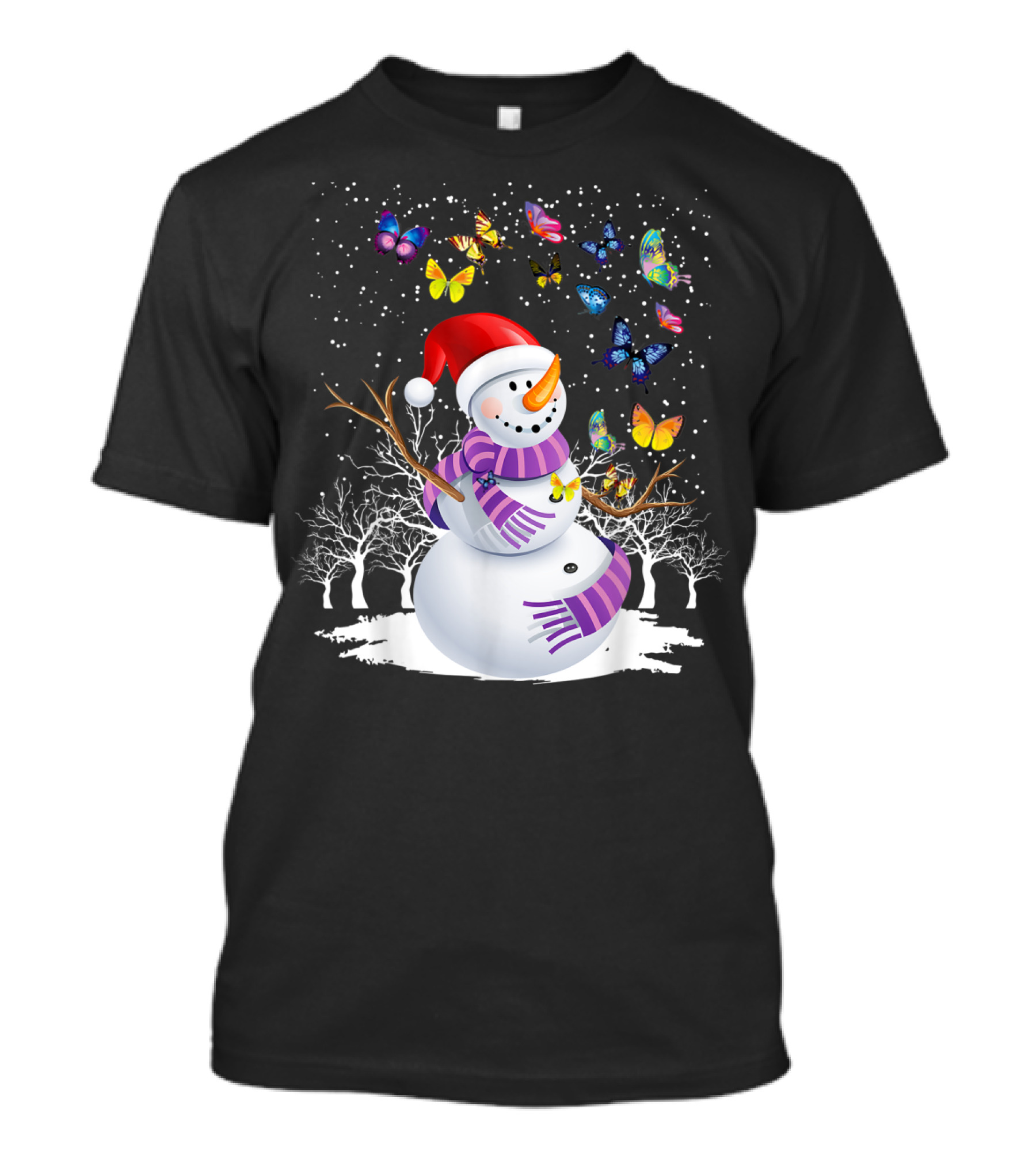 Cute Snowman Butterfly Christmas Winter Scene T-Shirt