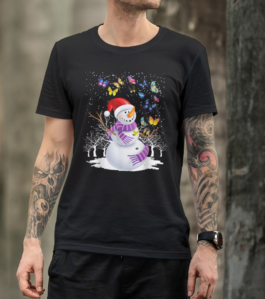 Cute Snowman Butterfly Christmas Winter Scene T-Shirt