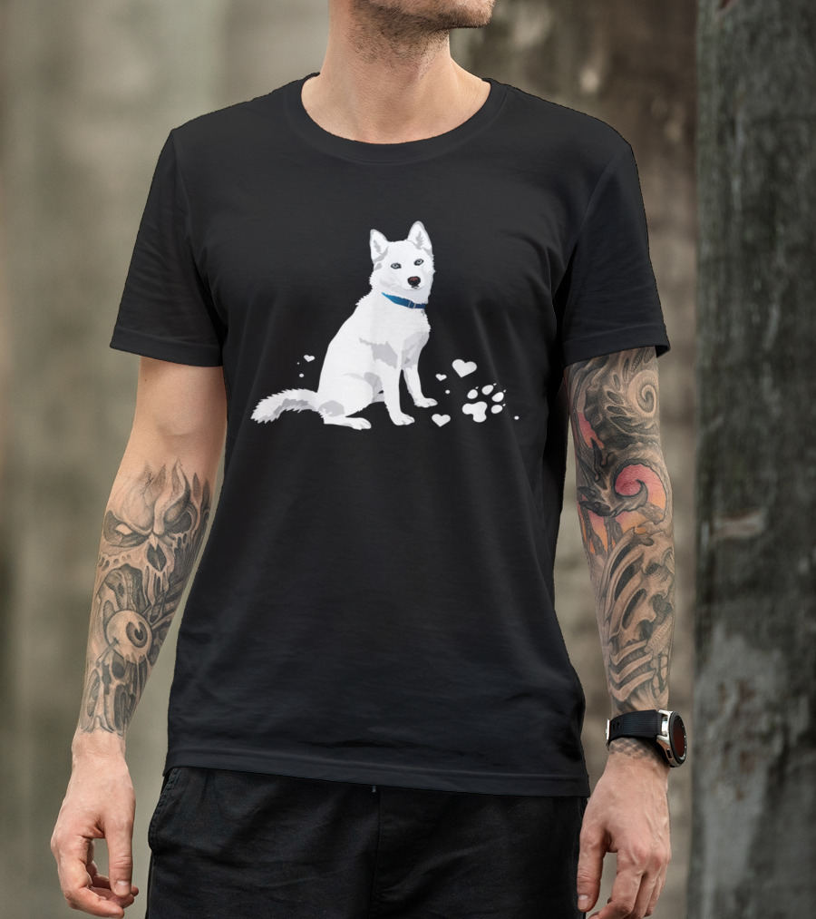 Cute White Siberian Husky With Heart And Paw Prints T-Shirt