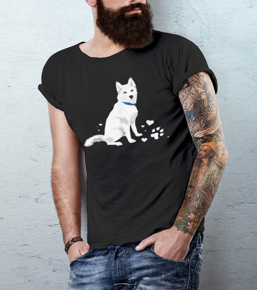 Cute White Siberian Husky With Heart And Paw Prints T-Shirt