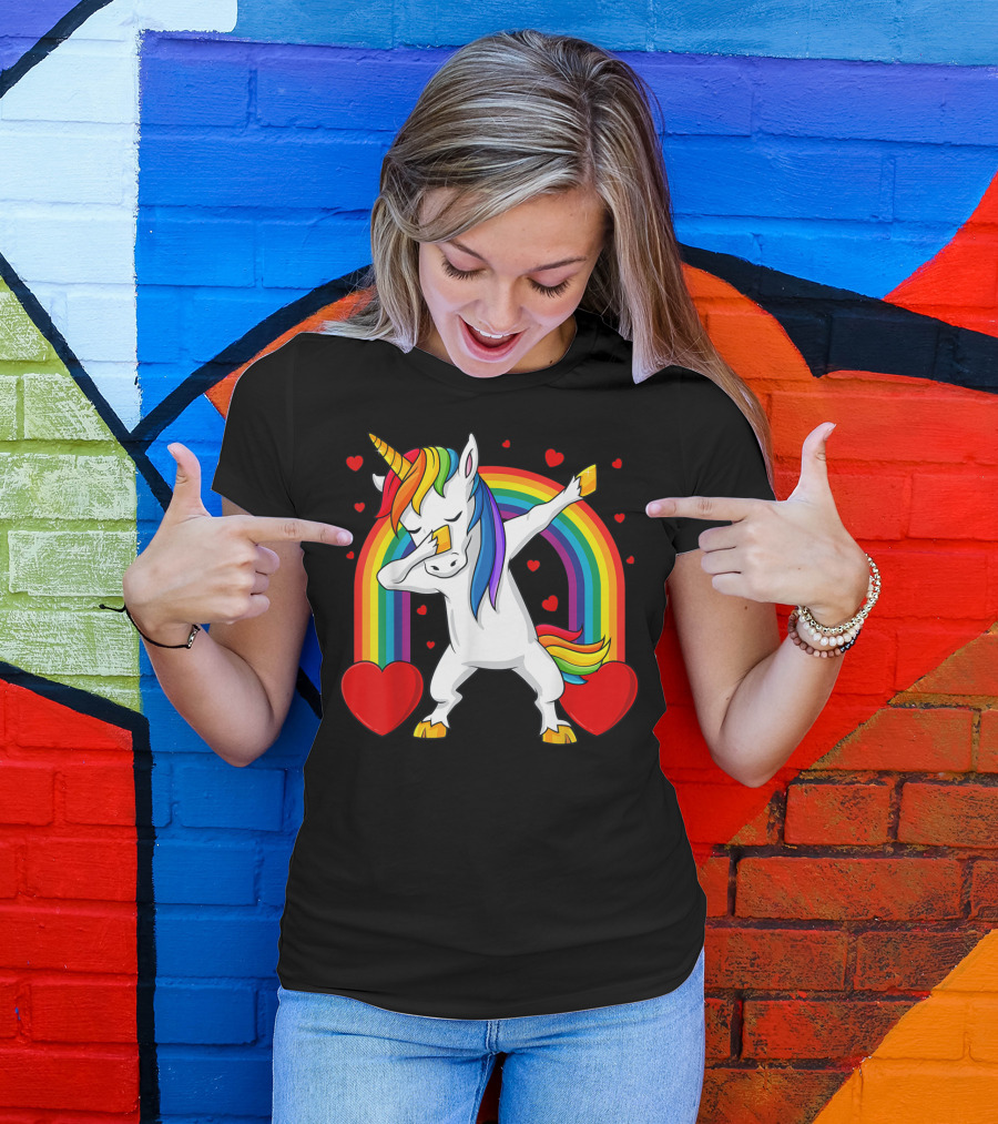 Dabbing Unicorn With Hearts And Rainbow T-Shirt