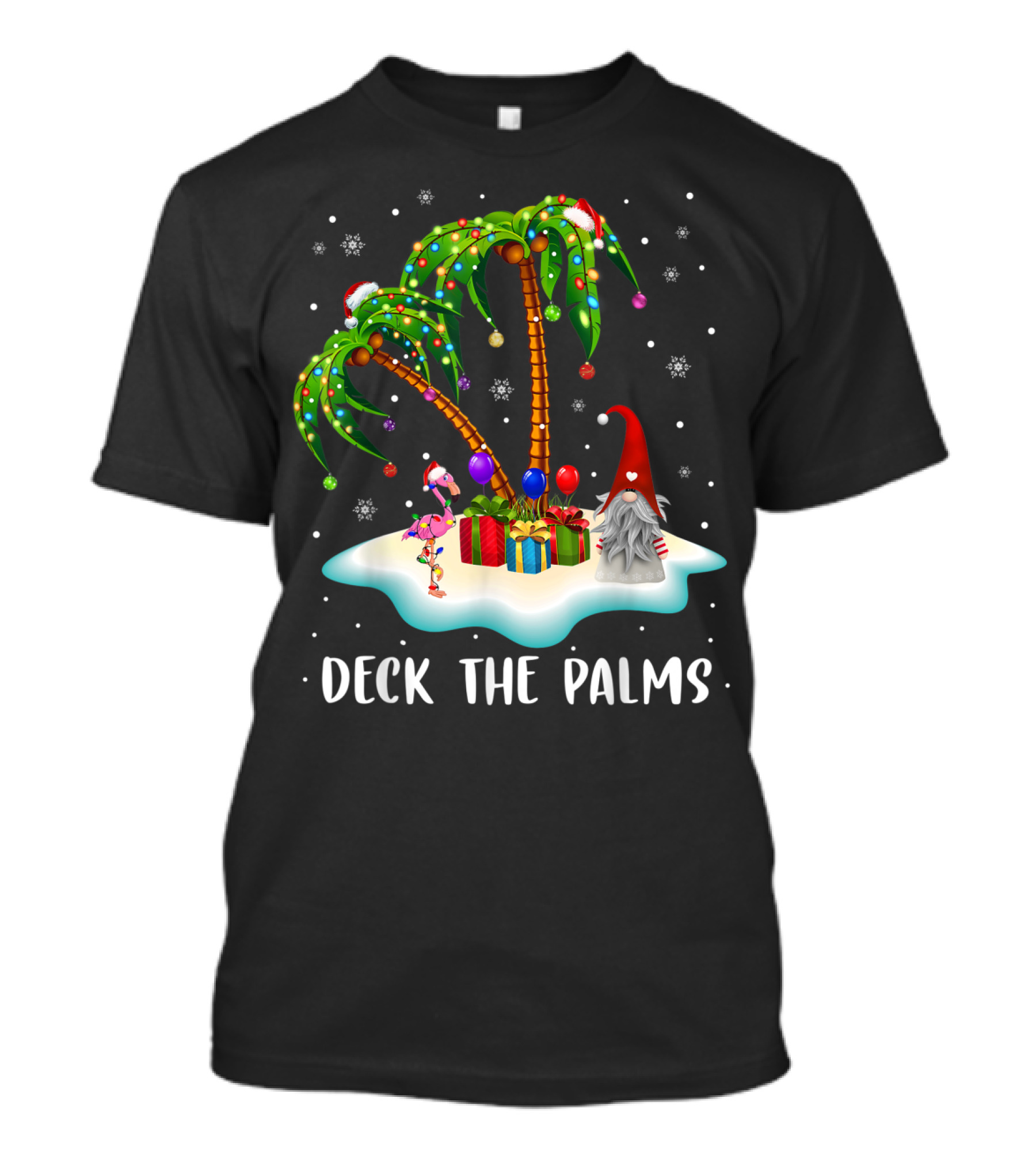 Deck The Palms Tropical Christmas Palm Tree Santa Flamingo Snowflakes T-Shirt