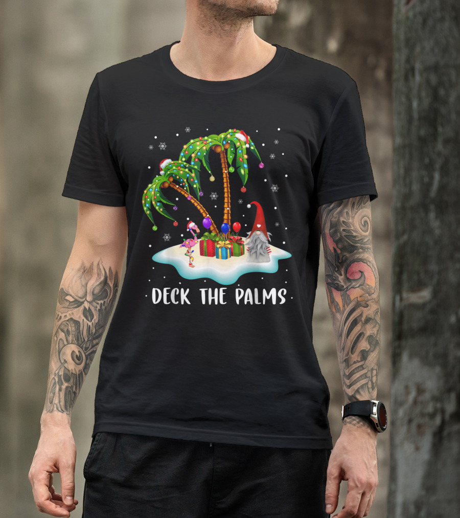 Deck The Palms Tropical Christmas Palm Tree Santa Flamingo Snowflakes T-Shirt