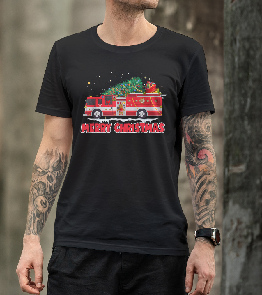 Merry Christmas Firetruck Santa Sleigh Fireman T-Shirt
