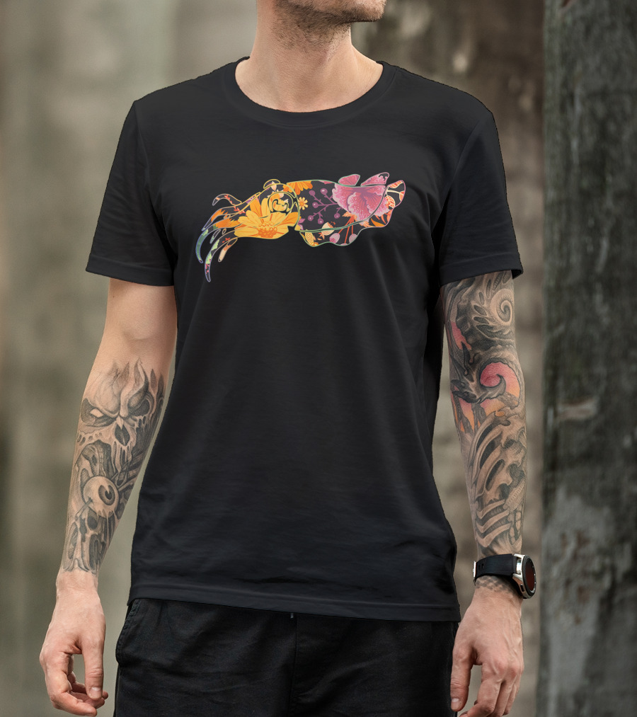 Floral Flower Vintage Cuttlefish Design With Colorful Blossoms T-Shirt