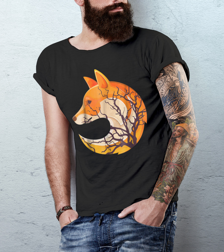 Fox Silhouette With Tree Branches Inside Circular T-Shirt