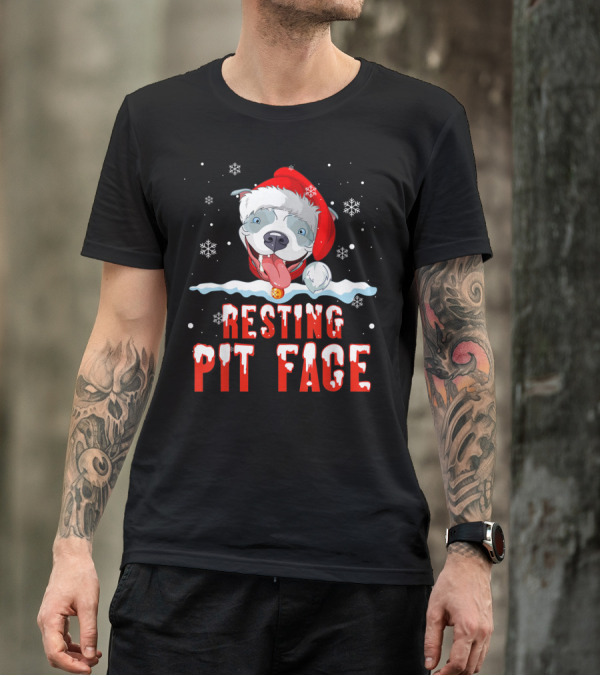 Funny Christmas Dog Pitbull Resting Pit Face Santa Hat Snowflake T-Shirt