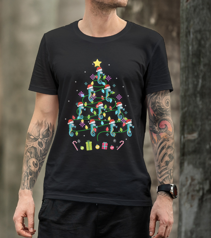 Seahorse Christmas Tree With Santa Hats And Colorful Lights T-Shirt