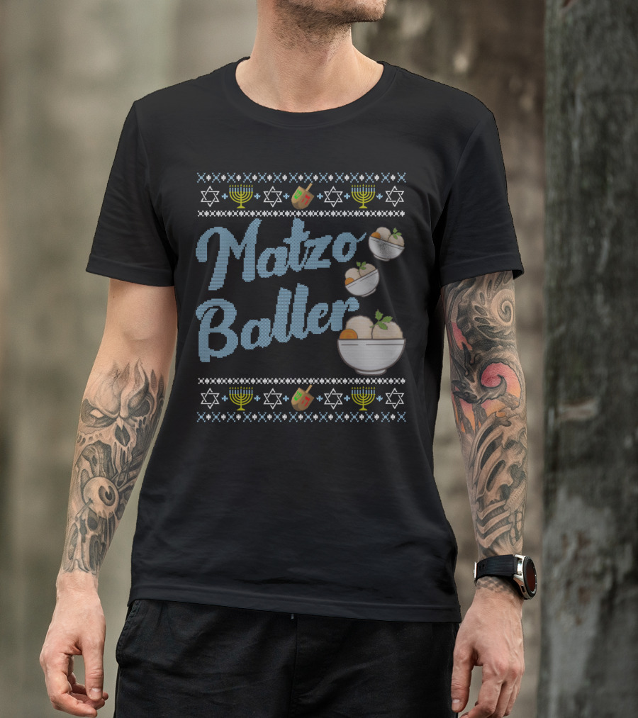 Matzo Baller Funny Ugly Hanukkah Sweater With Dreidel And Menorah Icons T-Shirt