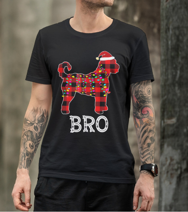 Goldendoodle Bro Christmas Lights Buffalo Plaid Santa Hat T-Shirt