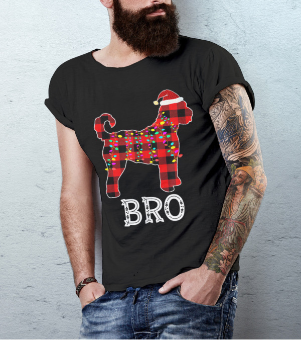 Goldendoodle Bro Christmas Lights Buffalo Plaid Santa Hat T-Shirt