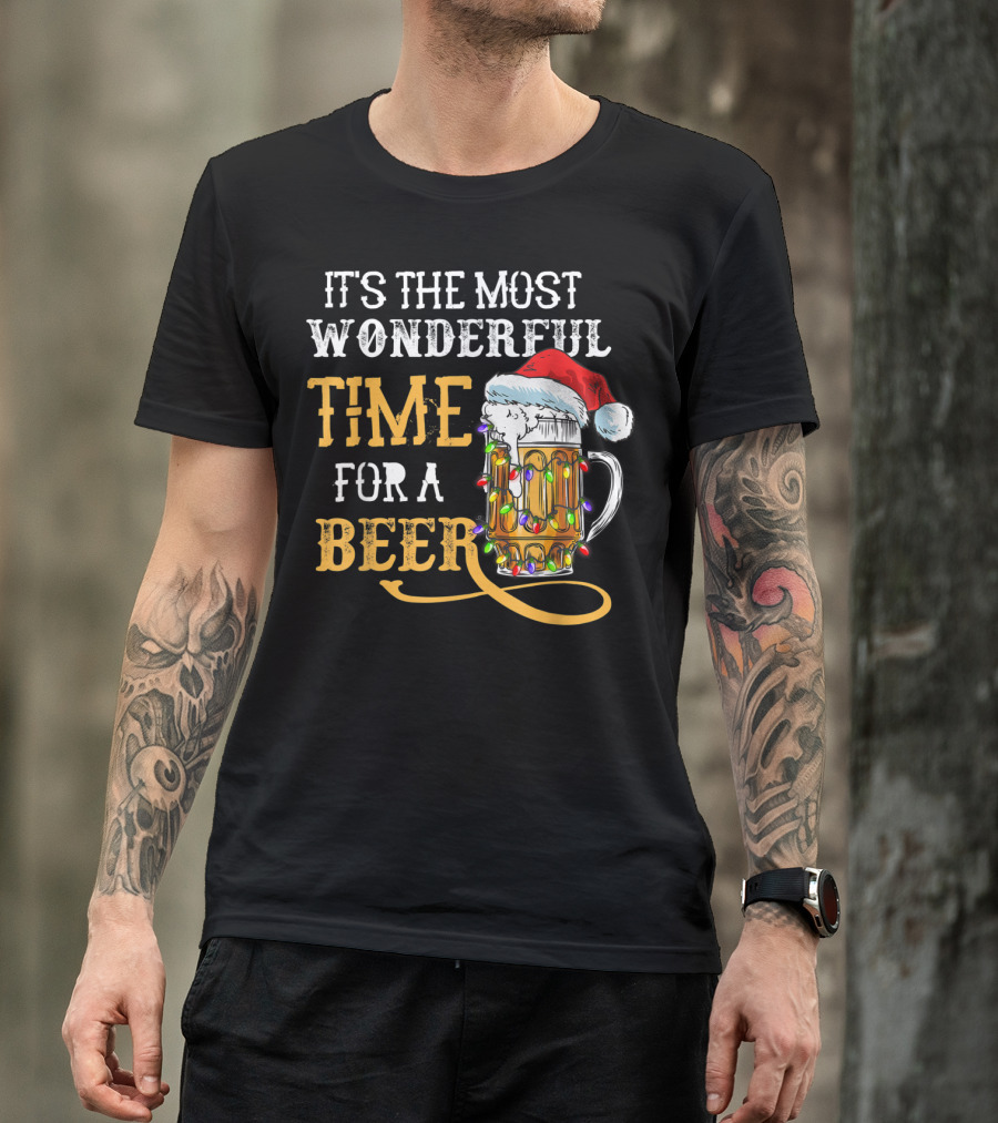 It's The Most Wonderful Time For A Beer With Santa Hat And Christmas Lights T-Shirt