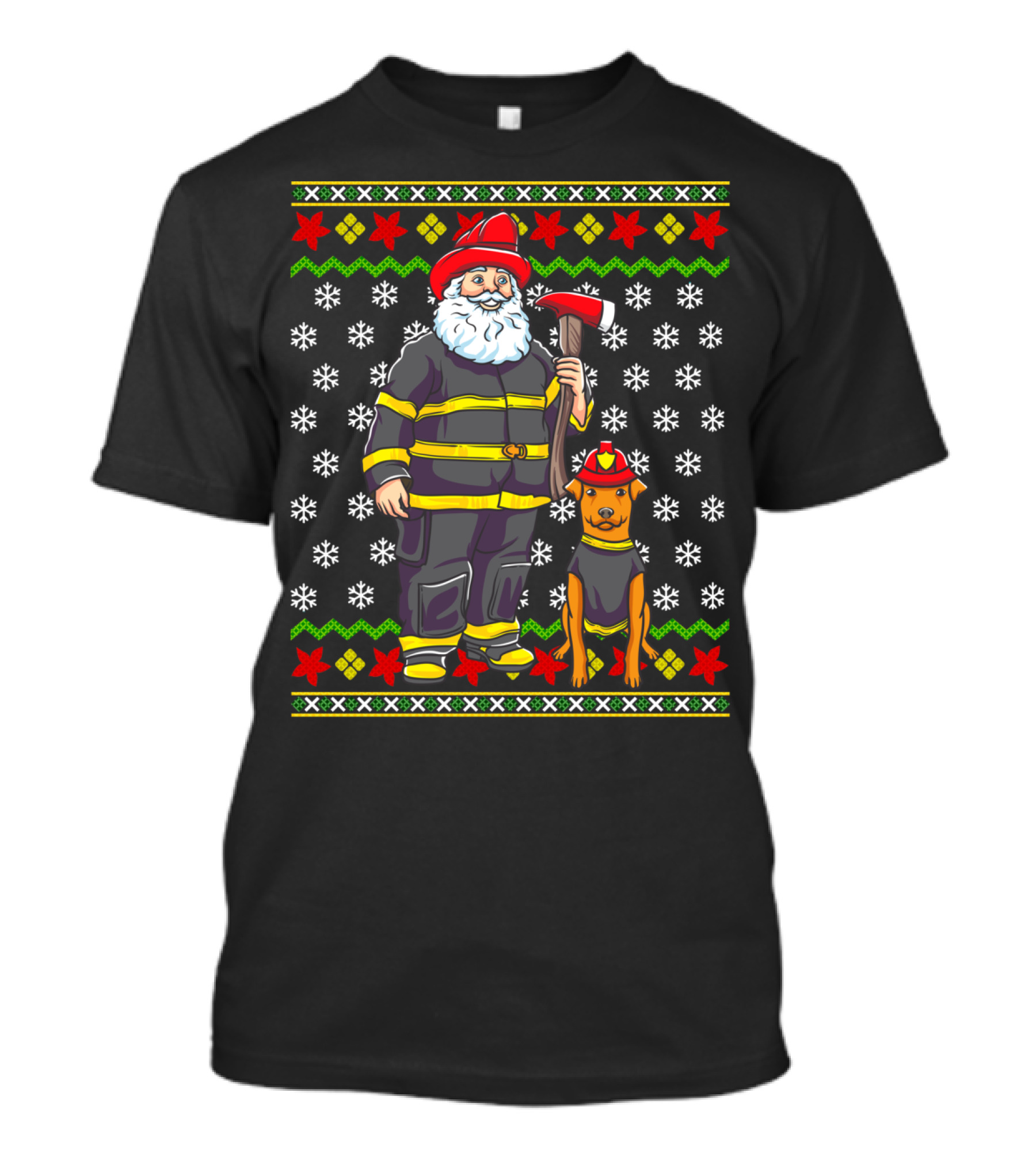 Firefighter Santa Claus With Fireman Gear And Fire Dog In Festive Holiday Scene T-Shirt
