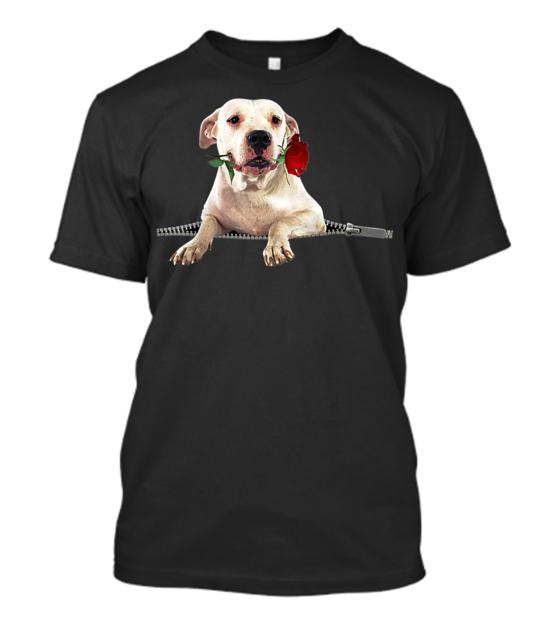 Dogo Argentino Holding Red Rose With Zipper Pocket Effect T-Shirt