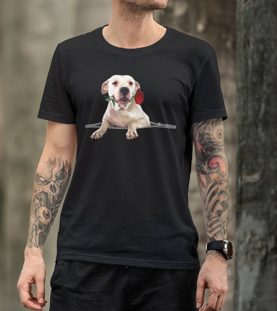 Dogo Argentino Holding Red Rose With Zipper Pocket Effect T-Shirt
