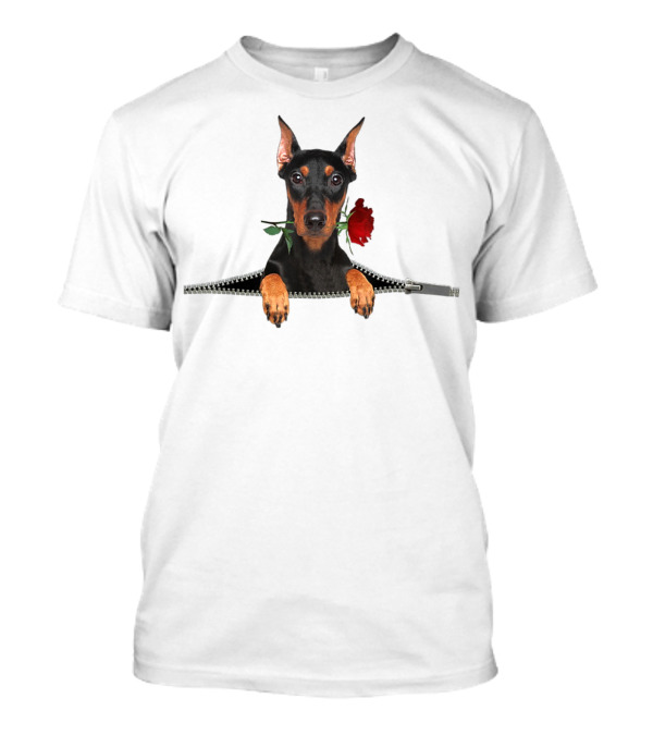 Funny German Pinscher With Rose In Zipper Pocket T-Shirt