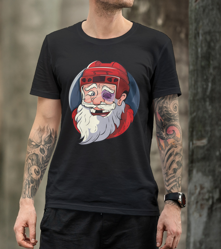 Ice Hockey Santa Claus In Goalie Helmet With Black Eye T-Shirt