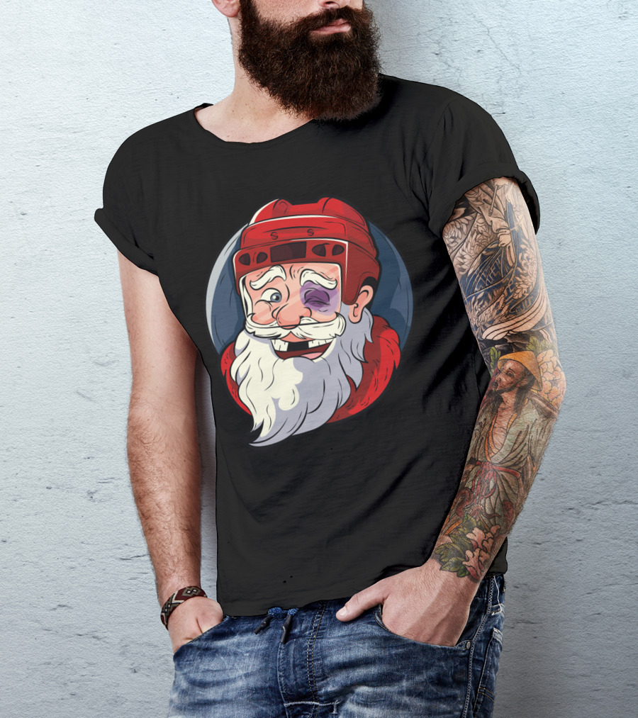 Ice Hockey Santa Claus In Goalie Helmet With Black Eye T-Shirt