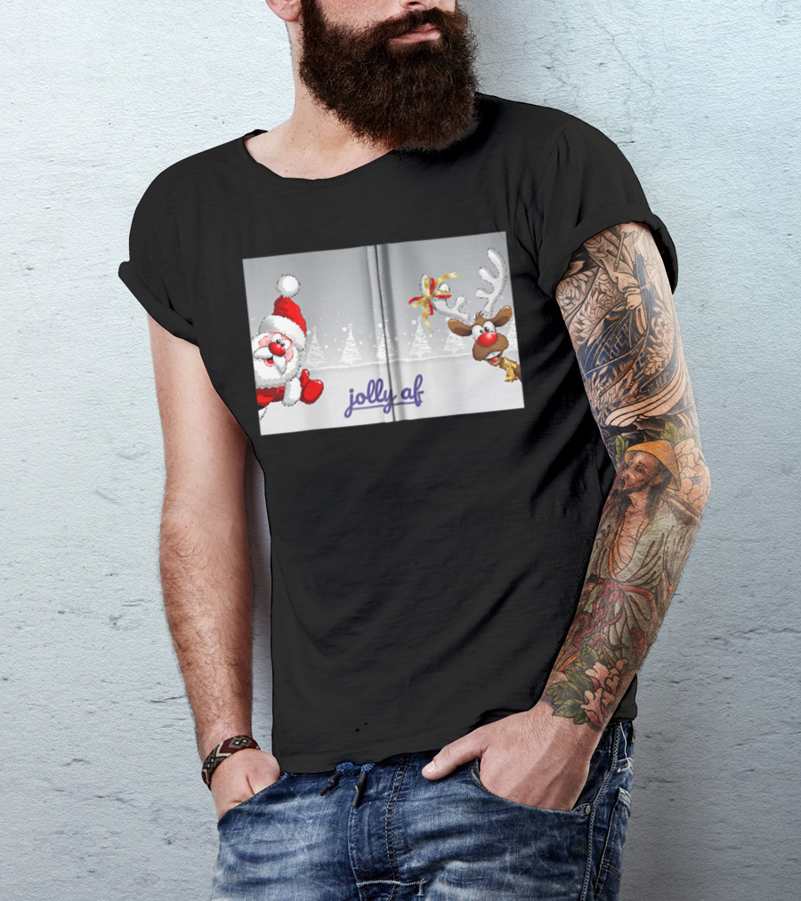 Jolly Af Santa And Reindeer Festive Scene T-Shirt