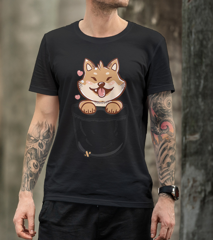 Pocket Cute Shiba Inu Puppy Dog With Hearts And Happy Expression T-Shirt
