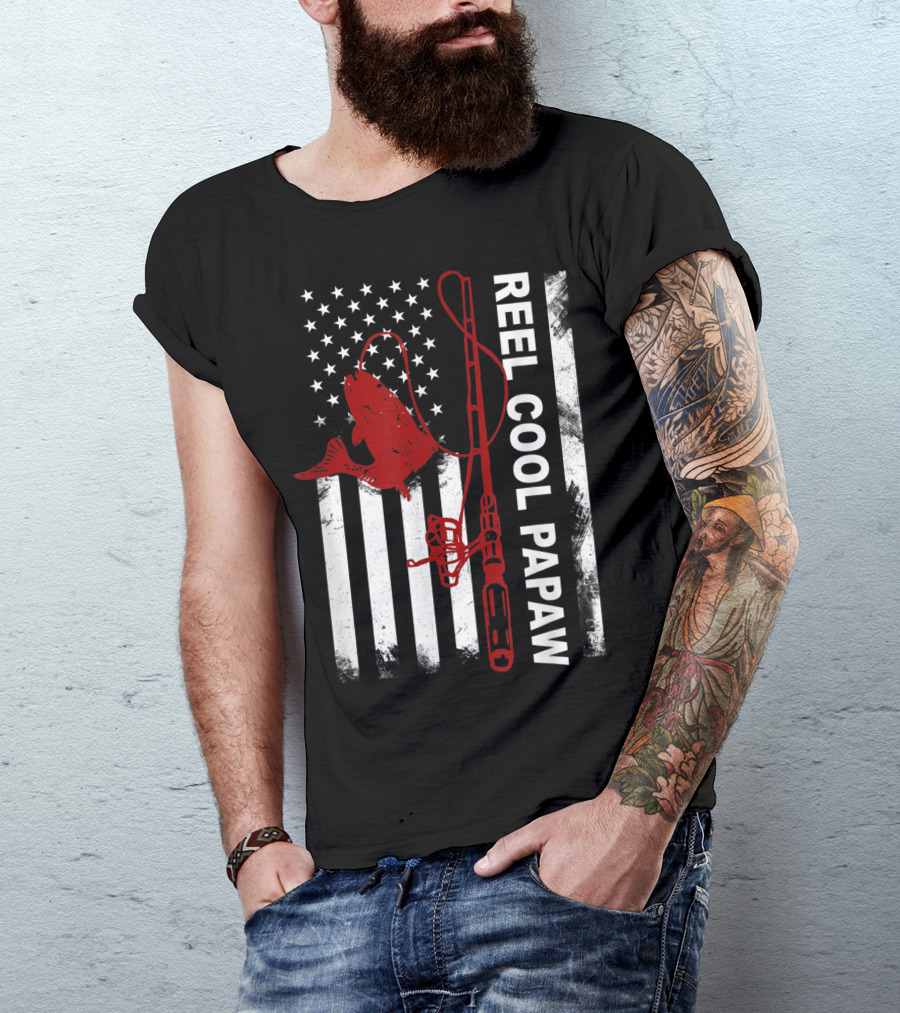 Reel Cool Papaw American Flag Fishing Rod July T-Shirt