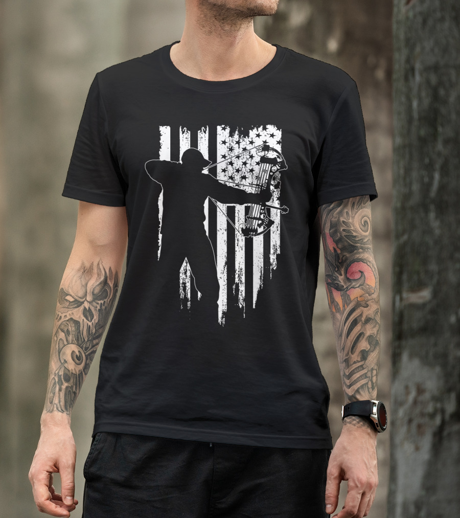 American Patriotic Archer Silhouette With Compound Bow And Flag T-Shirt