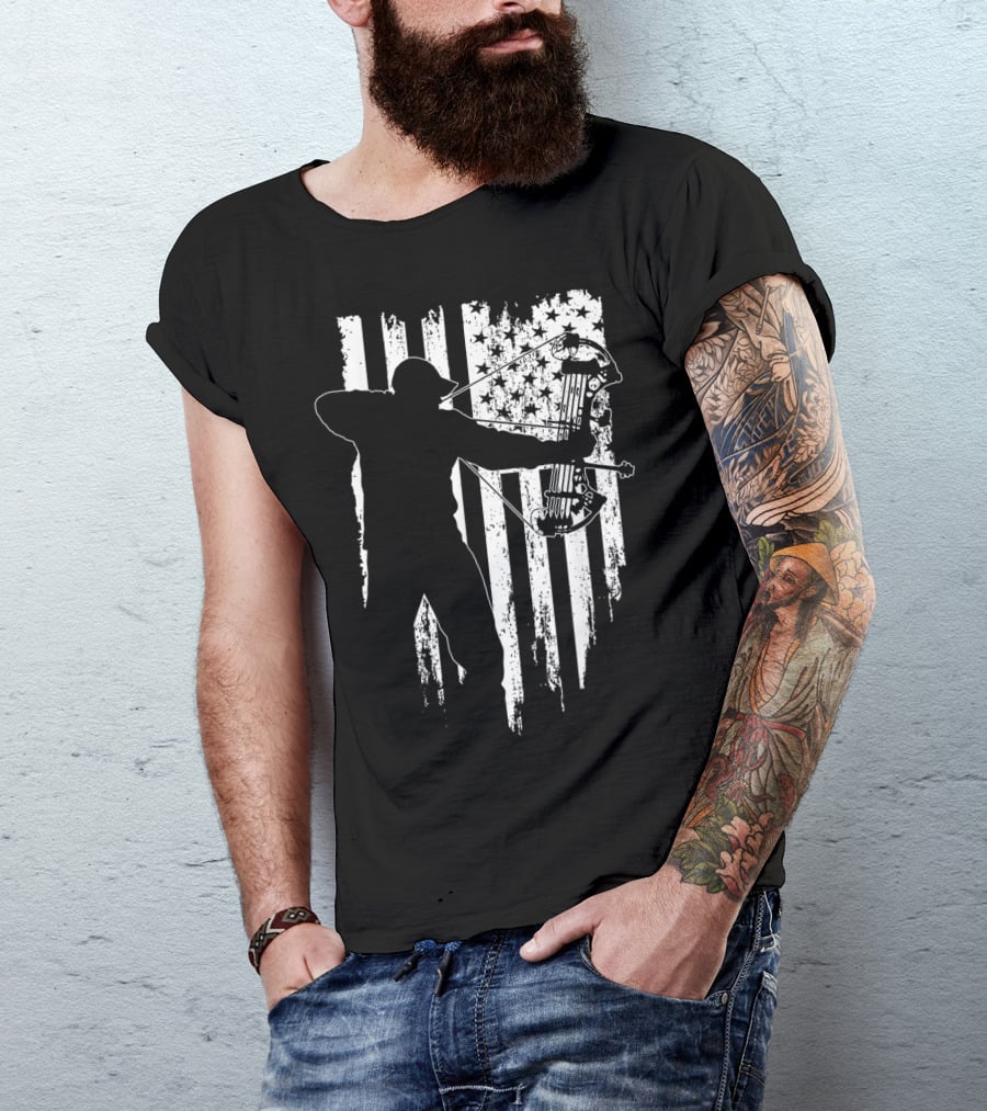 American Patriotic Archer Silhouette With Compound Bow And Flag T-Shirt