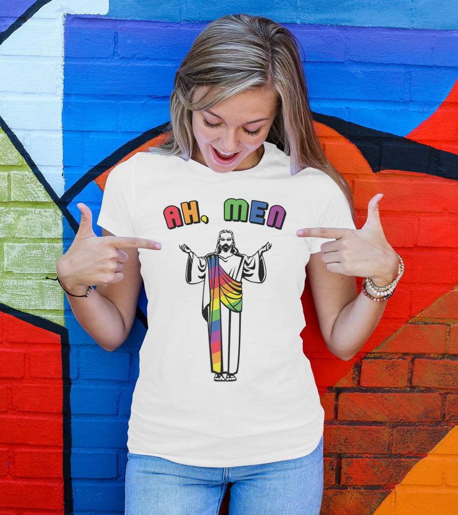Ah Men Funny Gay Jesus Rainbow Pride T-Shirt