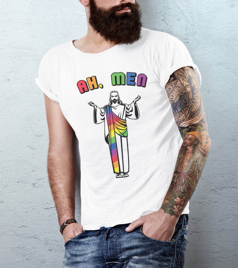 Ah Men Funny Gay Jesus Rainbow Pride T-Shirt