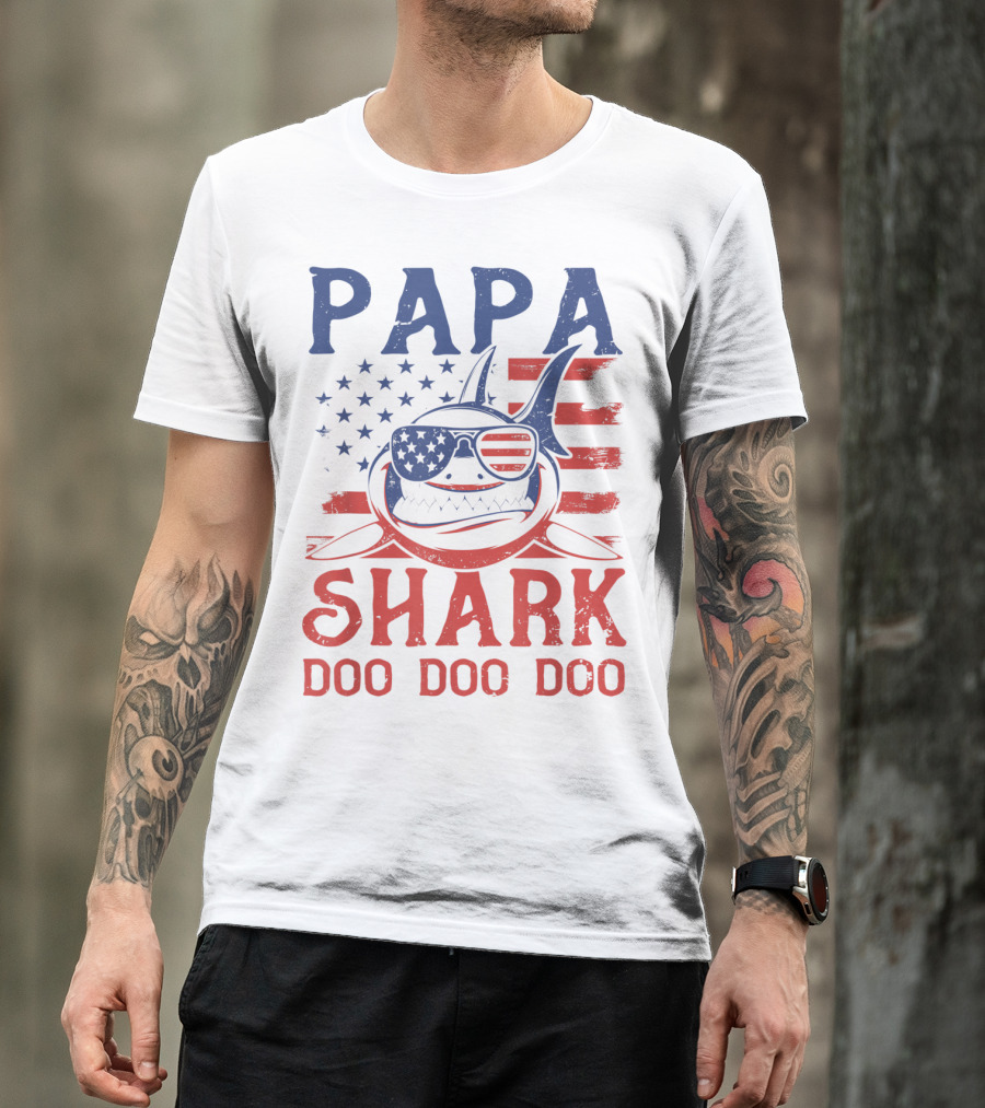 Papa Shark Doo Doo Doo American Flag Sunglasses T-Shirt