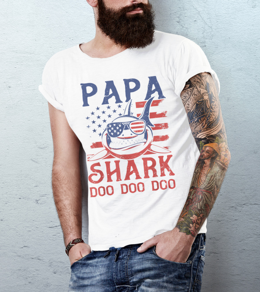 Papa Shark Doo Doo Doo American Flag Sunglasses T-Shirt