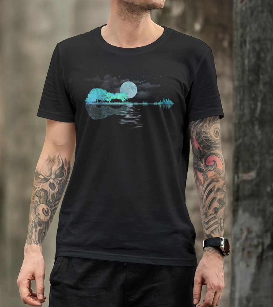 Acoustic Guitar Player Birthday Moonlit Lake Scene T-Shirt