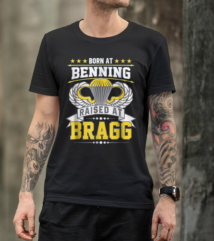 Born At Benning Raised At Bragg Airborne Paratrooper Wings T-Shirt