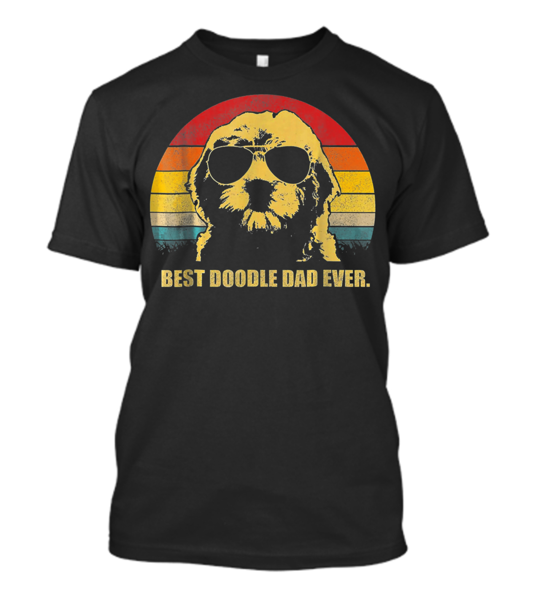 Retro Best Doodle Dad Ever Dog Wearing Sunglasses With Vintage Sunset Stripes T-Shirt