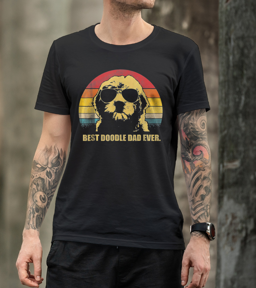 Retro Best Doodle Dad Ever Dog Wearing Sunglasses With Vintage Sunset Stripes T-Shirt