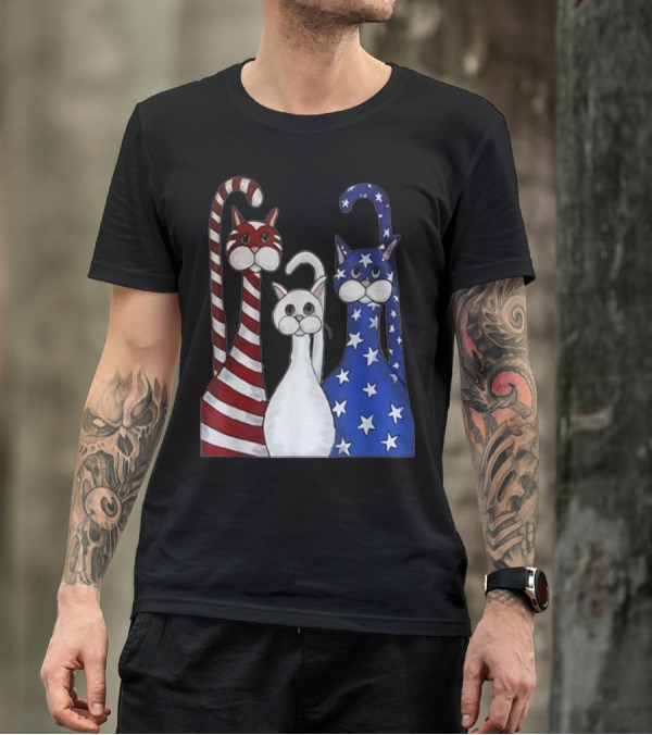 Cat American Flag USA Paws Patriotic Red White Blue Stars Stripes T-Shirt