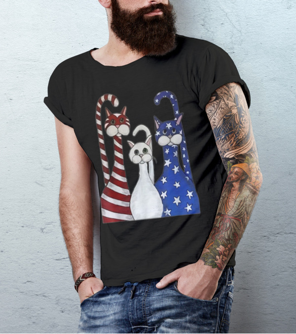 Cat American Flag USA Paws Patriotic Red White Blue Stars Stripes T-Shirt